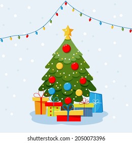 Christmas tree, Christmas eve with star, gift boxes, star, lights, decoration balls and lamps. Vector flat plane style illustration.