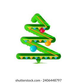 Christmas tree. An evergreen tree decorated with balls and garlands. Volumetric 3D style. Vector illustration.
