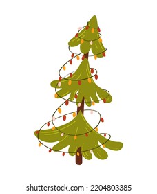 Christmas tree. Evergreen tree with decorations. Christmas and New Year celebration concept. Cartoon style, colorful drawing.