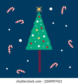 Christmas tree. Evergreen tree with decorations. Christmas and New Year celebration concept. Cartoon style, colorful drawing, vector illustration