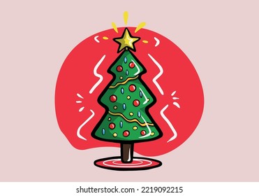 Christmas tree. Evergreen tree with decorations. Christmas and New Year celebration concept. Cartoon style, colorful drawing.