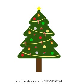 Christmas tree (evergreen fir) with ribbon on white background, decorate with ornaments, star, baubles, gift boxes, candy cane (red, green, silver, gold) for celebration, countdown, new year.