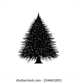 Christmas tree face vector logo mascot design. Flat design. A black and white drawing of a pine tree with snow on it's branches and a white background