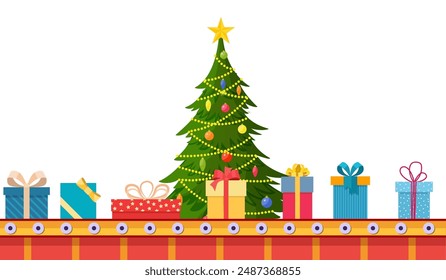 Christmas Tree, Factory Packs Gifts Boxes. Festive Presents Conveyor. Presents Delivery and Shipping. Happy New Year Decoration. Merry Christmas Holiday. Vector illustration in flat style