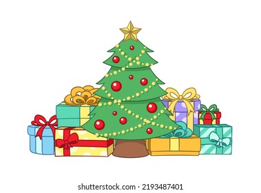 Christmas tree with fairy lights, ornaments and golden star surrounded by colorful presents and gift boxes cartoon illustration