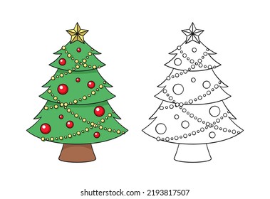 Christmas tree with fairy lights, ornaments and golden star cartoon illustration. Colored and outline set. Coloring book page printable activity worksheet for kids.