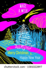 Christmas tree in fairy-tale forest and shooting star grunge vector greeting card. Christmas. Black backпround.