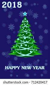 Christmas tree and falling snowflakes on a blue background.