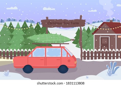 Christmas Tree Farm Flat Color Vector Illustration. Red Car With Packed Evergreen Spruce. Road Covered With Snow. Snowy Countryside 2D Cartoon Landscape With Xmas Market On Background