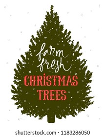 Christmas tree farm grunge rubber stamp on white background, vector illustration. Hand drawn lettering vintage sign calligraphy. Stars and branch fir-tree gold.