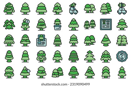 Christmas tree farm icons set outline vector. Spruce car. Truck travel thin line color flat on white