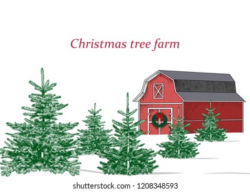 Christmas tree farm. Landscape with Christmas trees and farm. Vector vintage illustration. Color sketch.