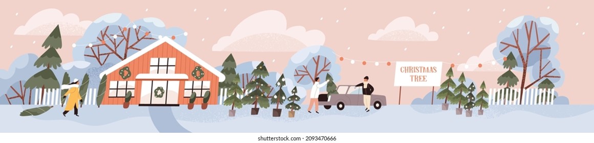 Christmas tree farm panorama. Xmas firs fair in farmhouse. People buying fresh organic firtrees at local market on winter holidays. New Year sale outdoors, panoramic view. Flat vector illustration