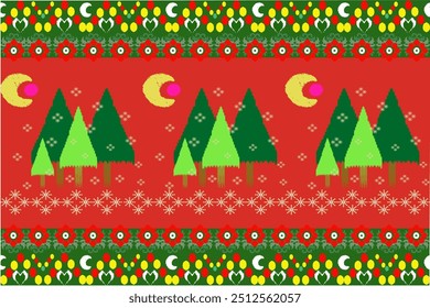 Christmas Tree Festival Under the Moonlight, ikat seamless
textile illustration, pattern, design for wrapping,
silk, scarf, background, textile, carpet, 