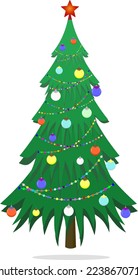 Christmas tree with festive balls and garland on an isolated white background. Symbol of the new year. Vector illustration of green spruce for design.