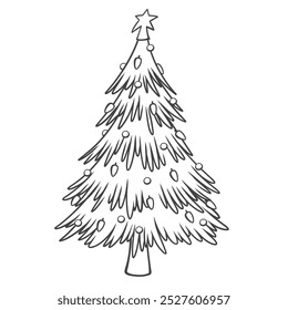 Árbol de Navidad con adornos festivos y estrella en el icono de línea superior. Bosquejo de abeto alto, elemento de vacaciones de invierno dibujado a mano. Navidad, mascota de la celebración del Año Nuevo, Ilustración vectorial mínima del icono del árbol