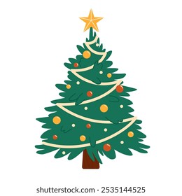 Christmas tree. Festive tree with decorations. Flat isolated vector illustration