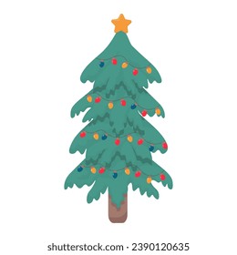 Christmas tree with festive lights isolated on white background.
