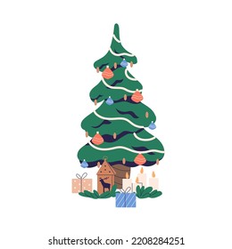 Christmas tree with festive ornament, decoration. Xmas fir decorated with balls, baubles, gifts, present boxes and candles. New Year firtree. Flat vector illustration isolated on white background