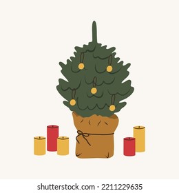 Christmas tree with festive ornament, decoration. Xmas fir decorated with balls, baubles and candles. New Year firtree. Flat vector illustration isolated on white background