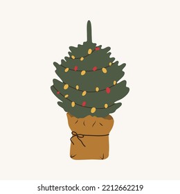 Christmas tree with festive ornament, decoration. Xmas fir decorated with balls, baubles and candles. New Year firtree. Flat vector illustration isolated on white background