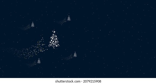 A Christmas tree filled with dots flies through the stars leaving a trail behind. Four small symbols around. Empty space for text on the right. Vector illustration on dark blue background with stars