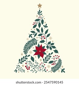 Christmas tree filled with floral ornament isolated on light background