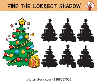 Christmas tree. Find the correct shadow. Educational matching game for children. Cartoon vector illustration
