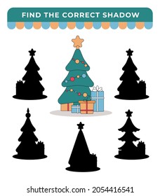 Christmas tree. Find the correct shadow. Educational game for children. Cartoon vector illustration.