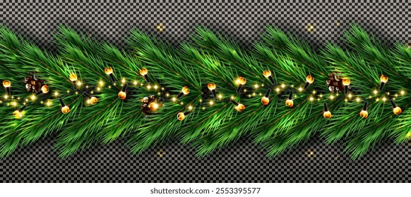 Christmas Tree Fir Border with Garland and Cone on Transparent Background. Vector Illustration. Border of Realistic Looking Christmas Tree Branches.