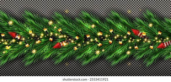 Christmas Tree Fir Border with Garland and Cone on Transparent Background. Vector Illustration. Border of Realistic Looking Christmas Tree Branches.