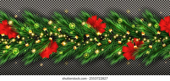 Christmas Tree Fir Border with Garland and Cone on Transparent Background. Vector Illustration. Border of Realistic Looking Christmas Tree Branches.