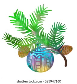 Christmas tree fir branch with bright blue ornate ball. Vector watercolor element. 