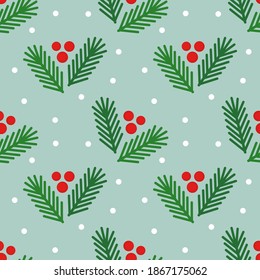 Christmas tree fir branches and berries winter seamless pattern. Vector illustration.
