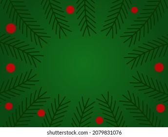 Christmas tree fir branches and berries border green card. Vector illustration.