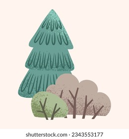 Christmas tree, fir, bushes in a naive children's style. Autumn colored illustration. Clipart for the design of greeting cards, invitations, prints, stickers and patterns.