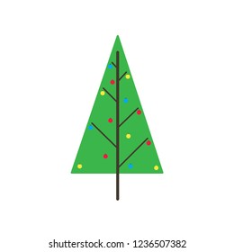 Christmas tree fir flat style design icon sign vector illustration. Symbol of family xmas holiday celebration isolated on white background.  With balls and stars. Merry christmas, happy new year!