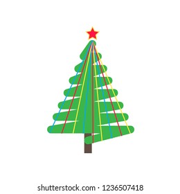 Christmas tree fir flat style design icon sign vector illustration. Symbol of family xmas holiday celebration isolated on white background.  With balls and stars. Merry christmas, happy new year!