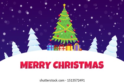 Christmas tree fir flat style design icon sign vector illustration postcard. Symbol of xmas holiday celebration isolated on dark snow background with pile of gifts. Merry christmas, happy new year.