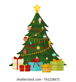 Christmas tree with fir gifts balls lights winter holiday gift card merry xmas celebration happy new year decoration vector illustration. Traditional party holiday garland with confetti stars present.
