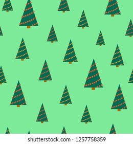 Christmas tree, fir tree pattern on the green background. happy new year, merry christmas, winter flat illustration. 