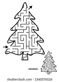 Christmas tree, or fir tree, shaped maze game for kids template. Answer included.