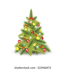 Christmas tree with fir, snowflakes and colorful christmas balls isolated on white,flat design vector illustration.