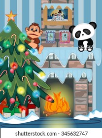 Christmas tree and fire place Vector Illustration