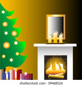 Christmas tree and fireplace with candles on the mantle. Gifts under the tree.