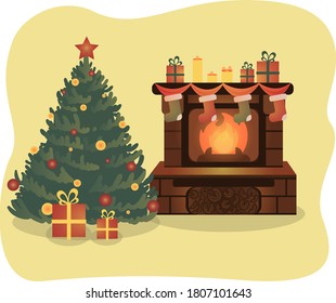 Christmas tree and Fireplace and with christmas decorations vector flat illustration. Fireplace with fire and socks, gifts,  candle and spruce with balls and star. New year style, holidays vibes.