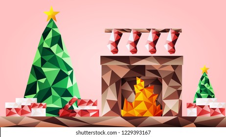 Christmas tree with fireplace and gift boxes decorate inside.
