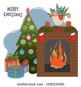 Christmas tree, fireplace and gifts. Cartoon flat cute vector illustration Isolated on a white background. Happy New Year, Merry christmas