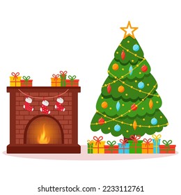árbol de navidad con chimenea y calcetines