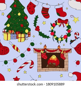 christmas tree and fireplace, wreath and garland of balls, socks on a blue background, cute picture for new year and christmas, vector seamless pattern in doodle style